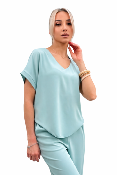 Bluzka Damska Elegancka V-neck Luźna Wizytowa Krótki Rękaw Premium - szałwia